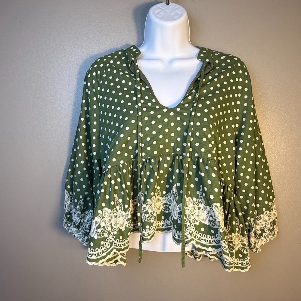 Tularosa Green Polka Dot Embroidered Peplum Blouse XS Boho Cottagecore